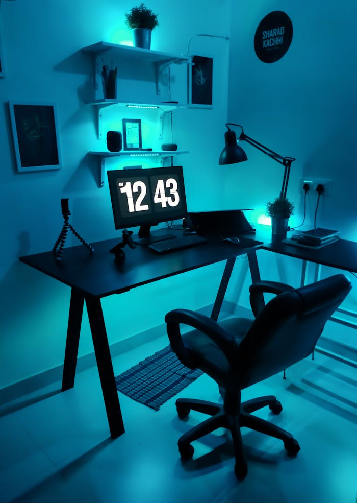 our-services-1 Contemporary home office setup featuring blue LED lighting and sleek design elements.